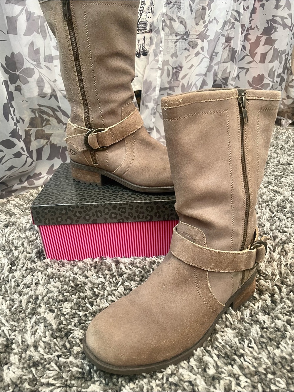 UGG Taupe Suede Mid-Calf Zip Buckle Boots